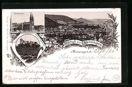 Lithographie Meiningen, Ortsansicht, Stadtkirche und Schloss Landsberg