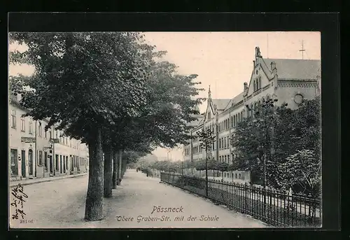 AK Pössneck, Obere Graben-Strasse mit der Schule