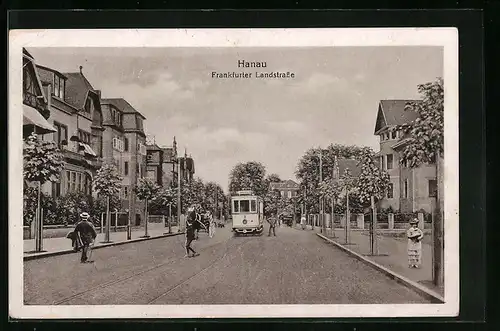 AK Hanau, Blick in die Frankfurter Landstrasse, Strassenbahn