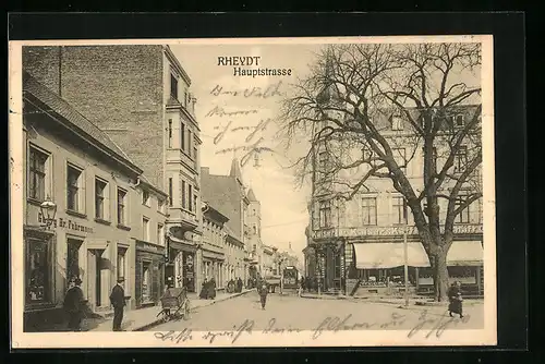 AK Rheydt, Partie an der Hauptstrasse, Kaffeegeschäft Kaiser, Strassenbahn