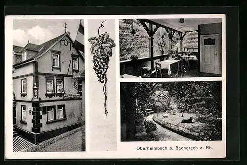 AK Oberheimbach bei Bacharach a. Rh., Hotel Im Krug zum grünen Kranze, Aussenansicht mit Terrasse
