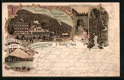 Lithographie Goslar /Harz, Pension Gosewasserfall am Berg, Partie am Herzberger Teich
