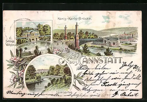 Lithographie Cannstatt, Blick auf die König-Karls-Brücke, Inselspitze, K. Schloss Wilhelma