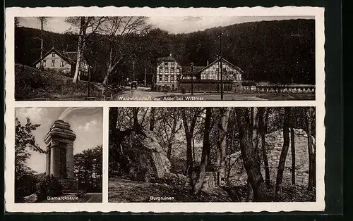 AK Wittmar bei Wolfenbüttel, Blick auf die Waldwirtschaft zur Asse, Gasthof, Burgruine, Bismarcksäule