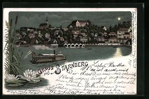 Mondschein-Lithographie Starnberg, Ortsansicht vom See aus bei Vollmond, Dampfschiff