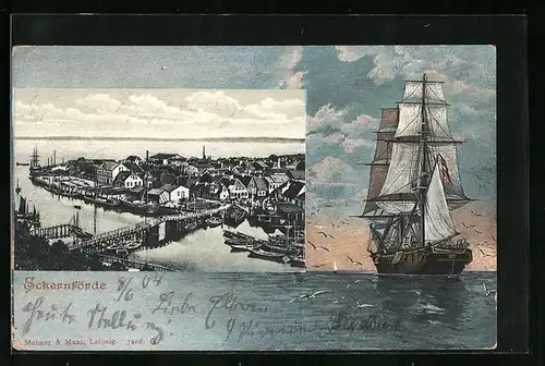 Künstler-AK Eckernförde, Teilansicht aus der Vogelschau, In See stechendes Segelschiff