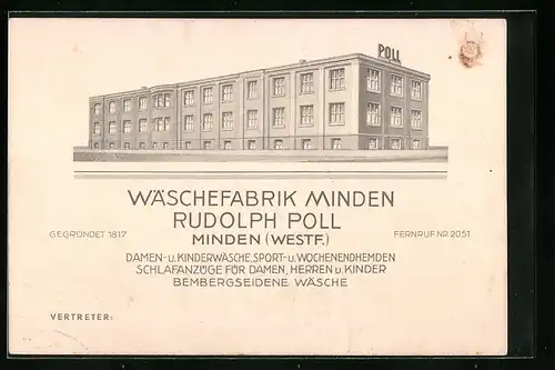 Künstler-AK Minden i. W., Gebäude der Wäschefabrik von Rudolph Poll