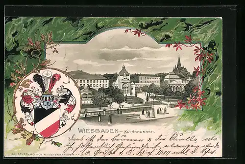 Passepartout-Lithographie Wiesbaden, Ortspartie am Kochsbrunnen, Wappen