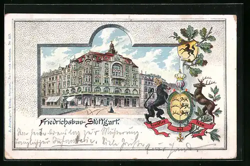 Passepartout-Lithographie Stuttgart, Friedrichsbau in der Strassenansicht, Wappen