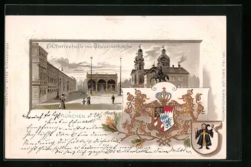 Passepartout-Lithographie München, Feldherrenhalle mit Theatinerkirche, Wappen mit Münchner Kindl