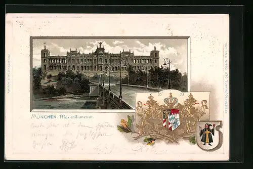 Passepartout-Lithographie München, Blick zum Maximilianeum, Wappen mit Münchner Kindl