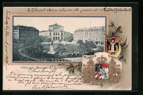 Passepartout-Lithographie München, Grünanlagen am Gärtnerplatz, Wappen mit Münchner Kindl