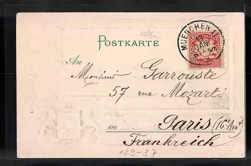 Passepartout-Lithographie München, Grünanlagen am Gärtnerplatz, Wappen mit Münchner Kindl