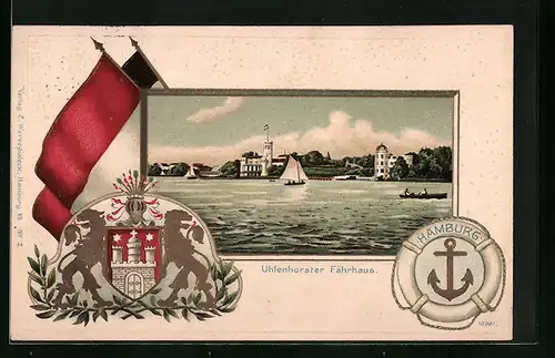 Passepartout-Lithographie Hamburg-Rotherbaum, Uhlenforster Fährhaus von der Aussenalster gesehen, Wappen