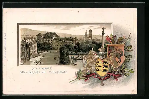 Passepartout-Lithographie Stuttgart, Altes Schloss mit Schlossplatz, Wappen