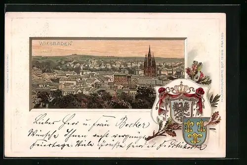 Passepartout-Lithographie Wiesbaden, Totalansicht mit Kirche, Wappen