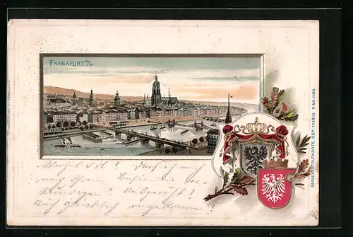 Passepartout-Lithographie Frankfurt a. M., Totalansicht mit Mainbrücken, Wappen