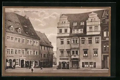 AK Meissen, Strassenpartie am Markt mit Apotheke und Landbundhaus