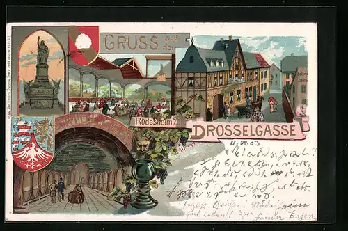 Passepartout-Lithographie Rüdesheim, Gasthaus von J. Müller in der Drosselgasse, Denkmal mit Wappen