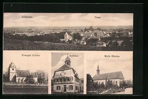 AK Alsheim, Totalansicht, Evangel. Kirche, Rathaus, Kath. Kirche