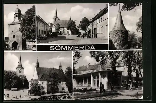 AK Sömmerda, Geschäft, Kirche, Tor, rückseitig Aufkleber und Briefmarken vom VIII. Parteitag der SED 1971