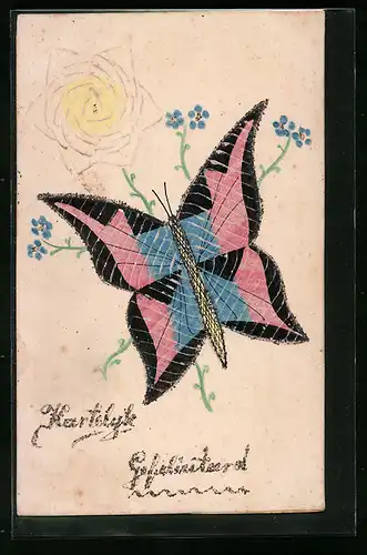 Papierkunst-AK Schmetterling mit Glitzer und Sonne