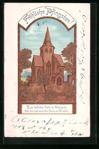 Kork-AK Kleine Kirche unter blauem Himmel - Pfingstgruss