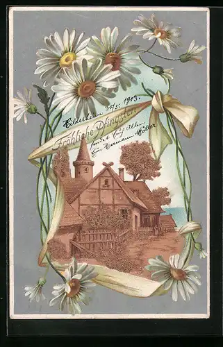 Kork-AK Fachwerkhäuser und Margeriten - Pfingstgruss