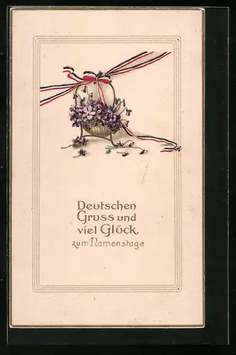 Präge-AK Blütenkorb an Nationalbanderole - Deutschen Gruss und Namenstagsgruss