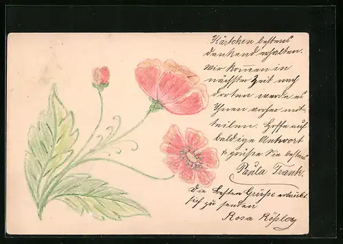 Papierkunst-AK Rote Blumen mit Blattwerk
