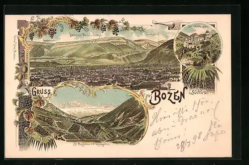Lithographie Bozen, Totalansicht, St. Magdalena mit Rosengarten, Burg Runkelstein