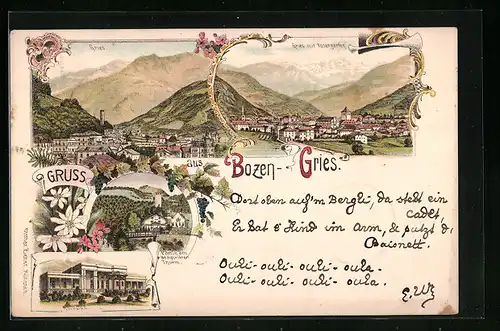 Lithographie Bozen-Gries, Ortsansichten, Partie am Gescheibten Thurm, Kurhaus