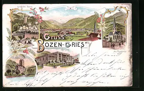 Lithographie Bozen-Gries, Ortsansichten, Gescheibter Thurm und Kurhaus