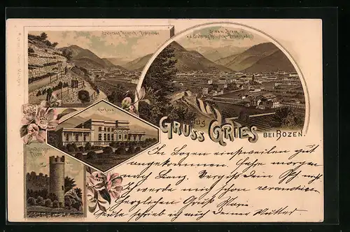 Lithographie Gries bei Bozen, Erzherzog Heinrich-Promenade, Ortsansicht, Kurhaus und Gescheibter Thurm