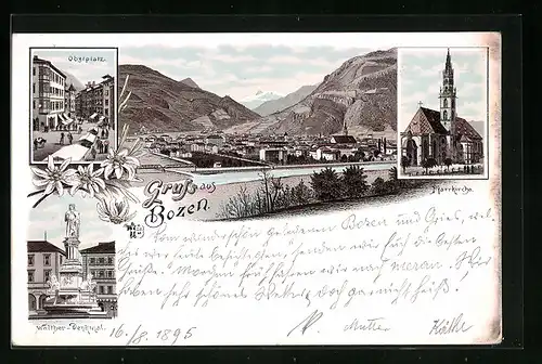 Lithographie Bozen, Teilansicht mit Umgebung, Pfarrkirche, Obstplatz und Walther-Denkmal