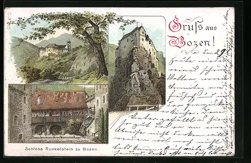 Lithographie Bozen, Schloss Runkelstein - Ansicht mit Umgebung, Hofansicht