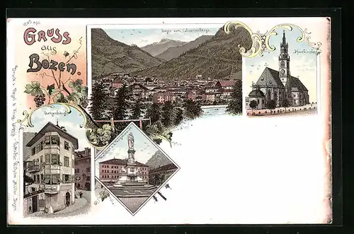 Lithographie Bozen, Ortsansicht vom Calvarienberg, Batzenhäusl, Pfarrkirche