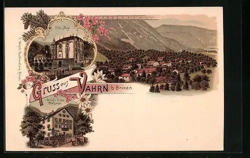 Lithographie Vahrn bei Brixen, Villa Mayr, Gasthof und Pension Waldsacker, Ortsansicht aus der Vogelschau