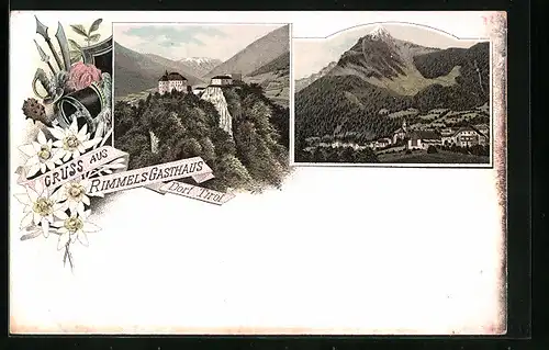 Lithographie Dorf Tirol, Ortsansicht und Rimmels Gasthaus, Alpenblumen