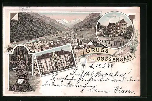 Lithographie Gossensass, Ortsansicht, Haus Leopold Hof, Hotel Gröbner