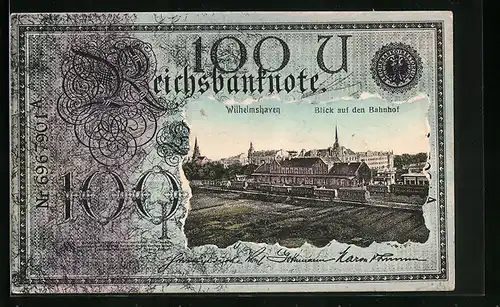 Passepartout-AK Wilhelmshaven, Blick auf den Bahnhof - Bild in Reichsbanknote