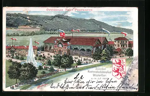 Lithographie Winterthur, Zürcher Kantonalschützenfest 1902 - Festplatz mit Publikum und Umgebung, Wappen