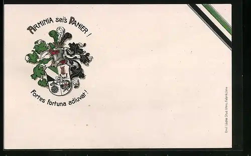 Lithographie Arminia seis Panier! Fortes fortuna adiuvat! - Studentenwappen in Grün und Schwarz