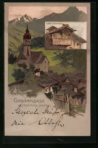 Künstler-AK Gossensass, Ortsansicht von Schellenberg aus, Giebel im Ort