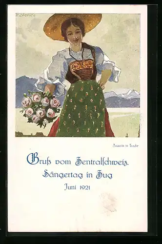 Künstler-AK Zug, Sängertag im Juni 1921, Zugerin in Tracht