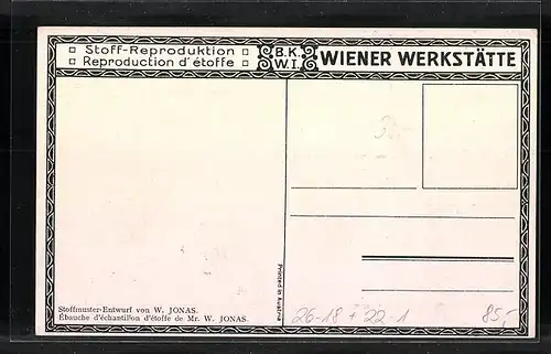 Künstler-AK Wiener Werkstätte Nr.: Stoffmuster-Entwurf von W. Jonas mit Blumen, Neujahrsgruss in hebräischer Schrift