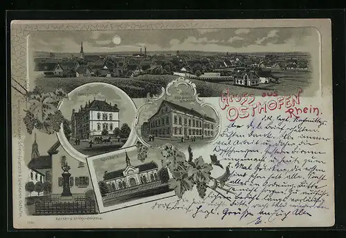 Mondschein-Lithographie Osthofen /Rhein, Hotel-Restaurant zum Bahnhof, Turnhalle, Amtsgericht