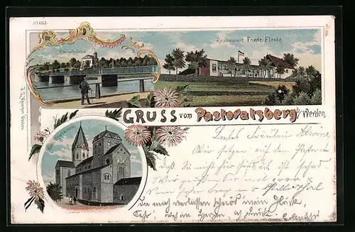 Lithographie Werden, Restaurant F. Flecke am Pastoratsberg, Kath. Pfarrkirche
