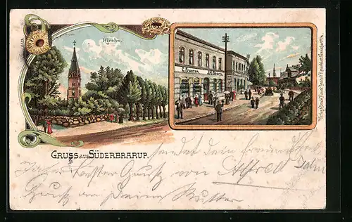 Lithographie Süderbrarup, Geschäfte C. Franzen und J. H. Geertz, Kirche