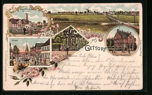 Lithographie Gettorf, Amtsgericht, Kaiser Wilhelm-Denkmal, Strassenpartie